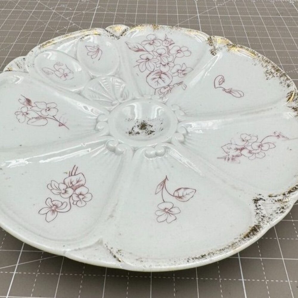 Antique Ceramic Floral Oyster Plate With Gold Trim 9 3/4" READ